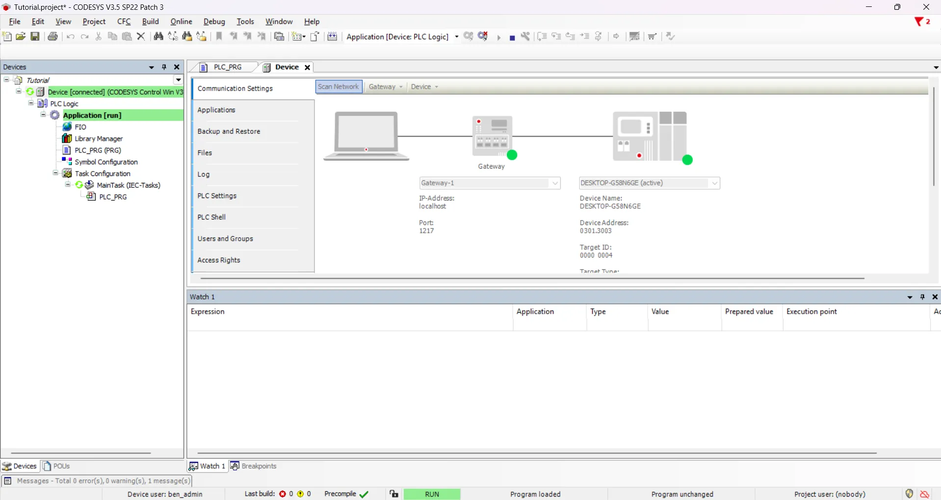CODESYS shows the Tutorial project connected to CODESYS Control Win, with Application in RUN and zero build errors.